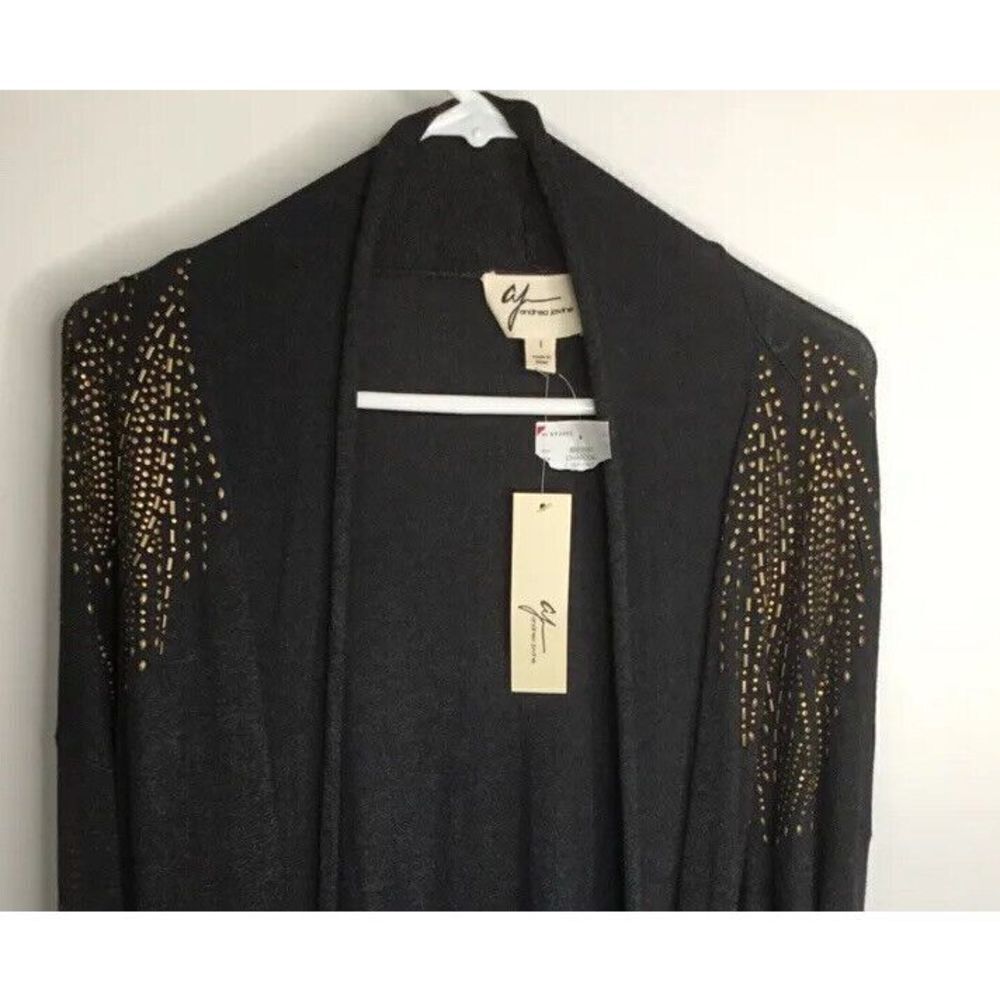 Andrea Jovine Women‎ Large L Sweater Black Open Front Cardigan Gold Studded
